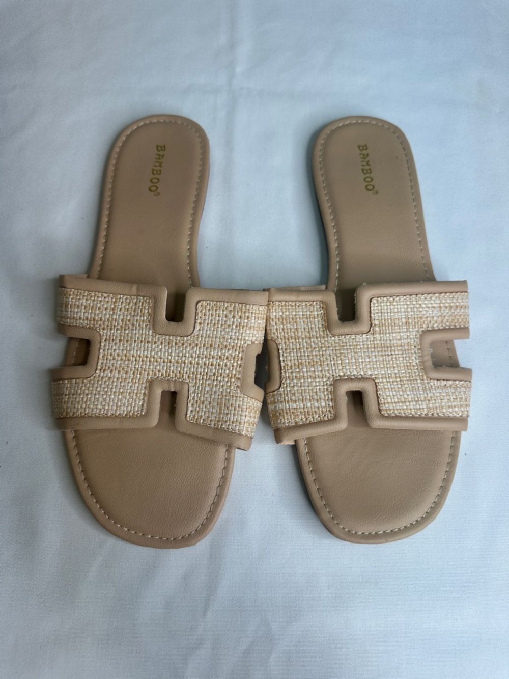 BAMBOO Tan Woven Raffia Slide Sandals